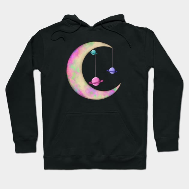 Colorful Moon with Planets Hoodie by Adaillustrations